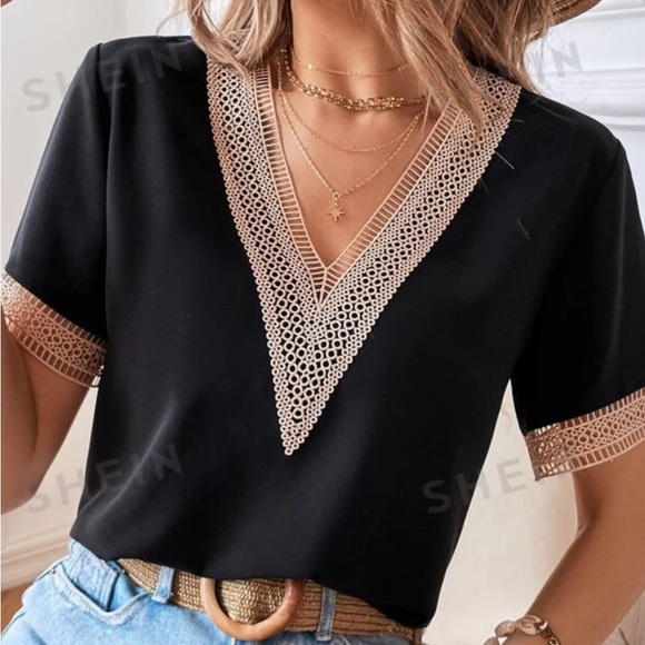 SHEIN LUNE Contrast Guipure Lace Blouse - Picture 2 of 4